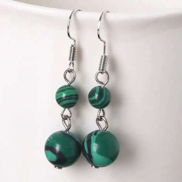 Malachite Pattern Round Beaded Synthetic Stone Dangle Earrings - Picture 2 of 2